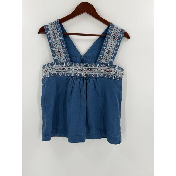 Madewell Embroidered Siesta Linen Blend Chambray Blue Smock Tank Top Size 4 EUC - Picture 6 of 13